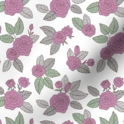 Romantic vintage rose garden flowers and leaves blossom summer design soft gray green and purple on white