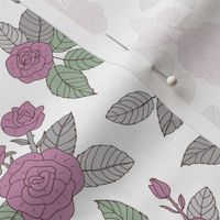 Romantic vintage rose garden flowers and leaves blossom summer design soft gray green and purple on white