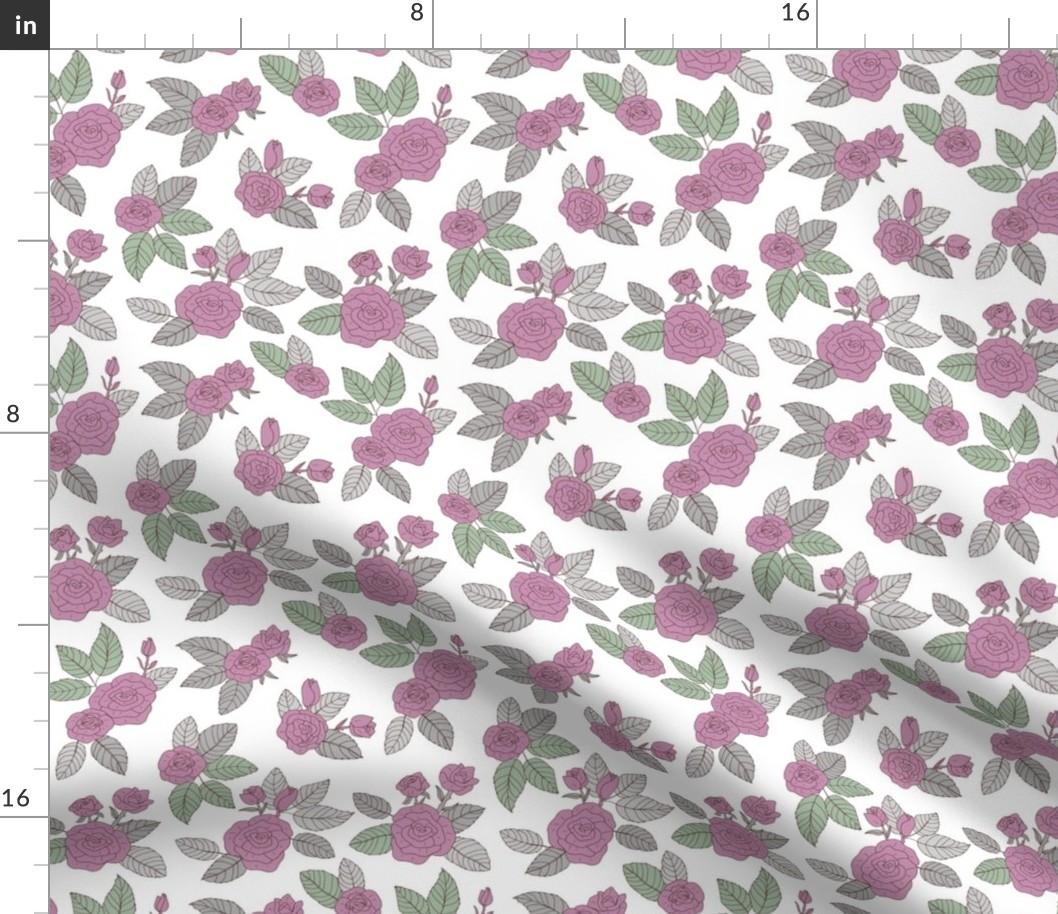 Romantic vintage rose garden flowers and leaves blossom summer design soft gray green and purple on white