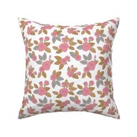 Romantic vintage rose garden flowers and leaves blossom summer design cinnamon brown gray pink on white 