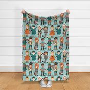 Large jumbo scale // Little wild west II // aqua background cute little kids dressed as cowboys cowgirls cactus sheriffs prisoners and thieves