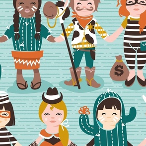 Large jumbo scale // Little wild west II // aqua background cute little kids dressed as cowboys cowgirls cactus sheriffs prisoners and thieves