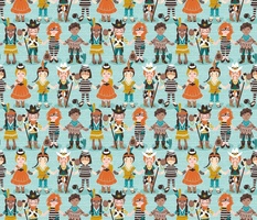 Small scale // Little wild west // aqua background little kids dressed as cowboys cowgirls Indians sheriffs prisoners and thieves