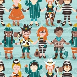 Small scale // Little wild west II // aqua background little kids dressed as cowboys cowgirls cactus sheriffs prisoners and thieves
