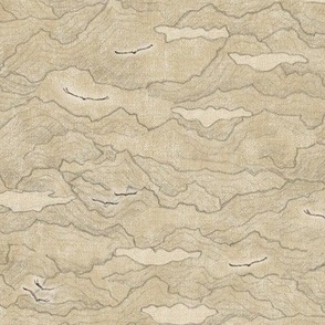 Condor Mountain, Desert Gold | Condors, bird fabric, hand drawn landscape with mountains and clouds in neutral sand, birds in vintage gold yellow.
