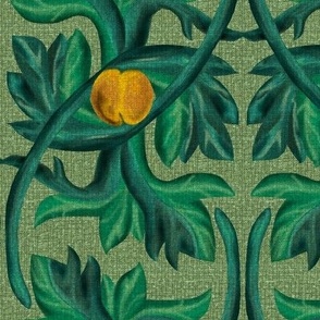 Rococo Leaves and Fruit in Blue Green and Yellow