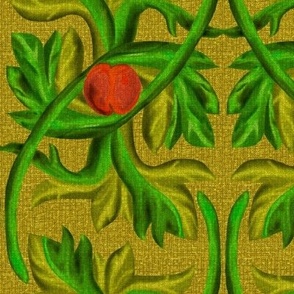 Rococo Leaves and Fruit in Green Old Gold and Red