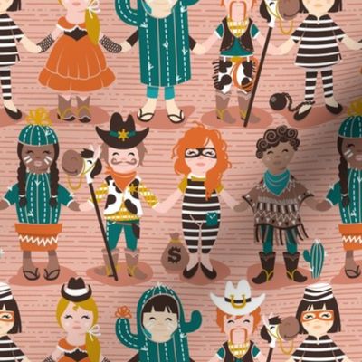 Small scale // Little wild west II // pale orange warm skin tone background little kids dressed as cowboys cowgirls cactus sheriffs prisoners and thieves