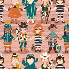 Small scale // Little wild west II // pale orange warm skin tone background little kids dressed as cowboys cowgirls cactus sheriffs prisoners and thieves