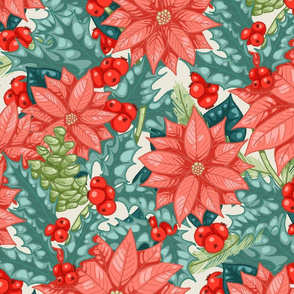 Holly and Poinsettia Large Print Light Background