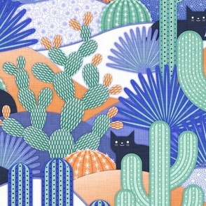 Cats and Cacti Medium- Cat in the Desert with Saguaro Cactus- Succulent Garden- Mint- Orange- Royal Blue- Home Decor