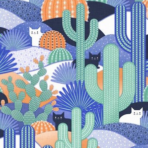 Cats and Cacti Small- Cat in the Desert with Saguaro Cactus- Succulent Garden- Mint- Orange- Royal Blue- Small Scale- Face Mask