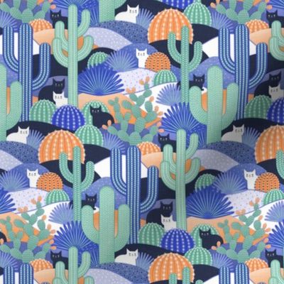 Cats and Cacti Mini- Cat in the Desert with Saguaro Cactus- Succulent Garden- Mint- Orange- Royal Blue- Small Scale- Face Mask