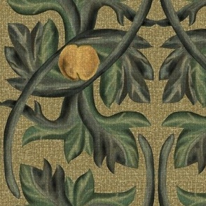 Rococo Leaves and Fruit in Blue Gray and Gray Green on Sand