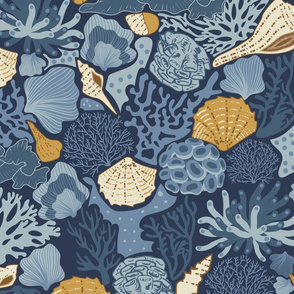 Shell Reef- Seashells on the ocean floor- Gold Isabelline shells in Blue Coral Reef on Dark Cyan Blue- Large Scale