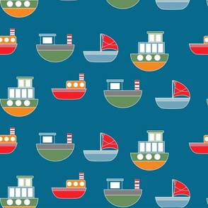 Blue with a  Multicoloured Boats Design