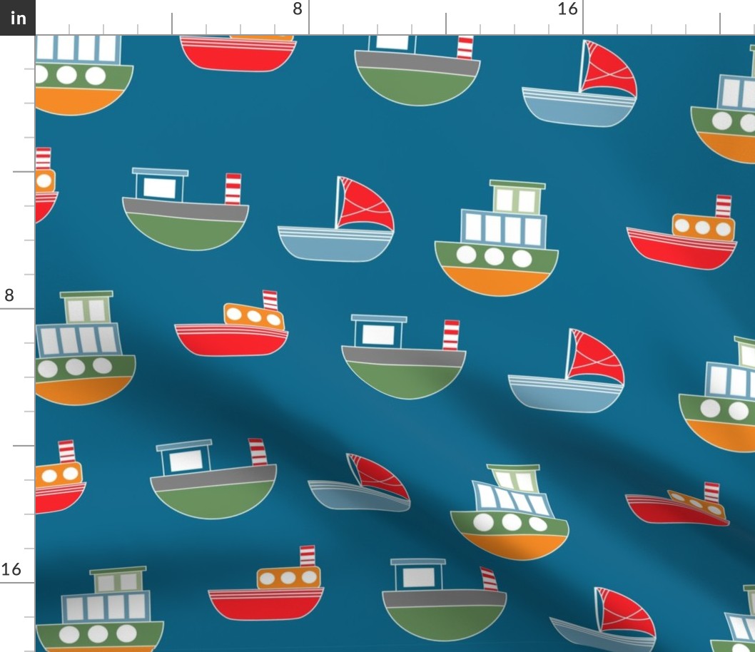 Blue with a  Multicoloured Boats Design