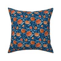 Orange Chrysanthemum Watercolor & Pen Pattern - Navy - Small Scale