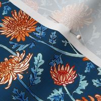 Orange Chrysanthemum Watercolor & Pen Pattern - Navy - Small Scale