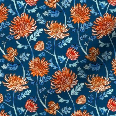 Orange Chrysanthemum Watercolor & Pen Pattern - Navy - Small Scale