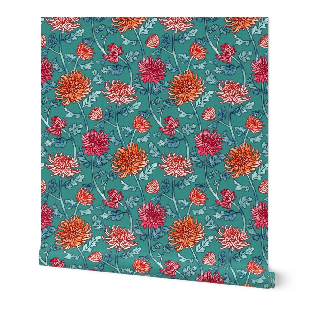 Warm Chrysanthemum Watercolor & Pen Pattern - Teal Green - Small Scale