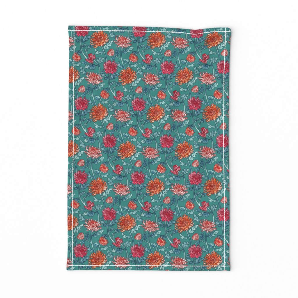 Warm Chrysanthemum Watercolor & Pen Pattern - Teal Green - Small Scale