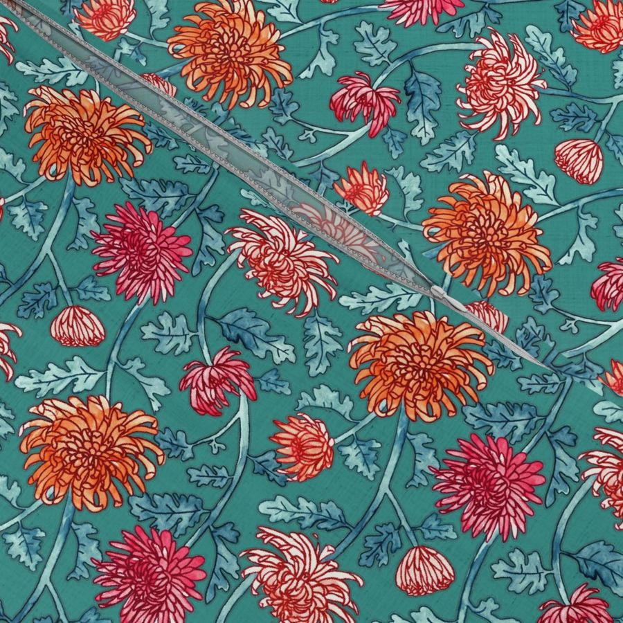 Warm Chrysanthemum Watercolor & Pen Pattern - Teal Green - Small Scale