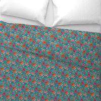 Warm Chrysanthemum Watercolor & Pen Pattern - Teal Green - Small Scale