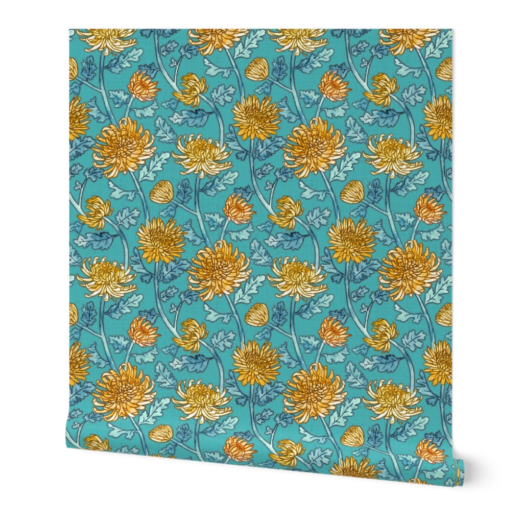 Yellow Chrysanthemum Watercolor & Pen Pattern - Blue - Small Scale