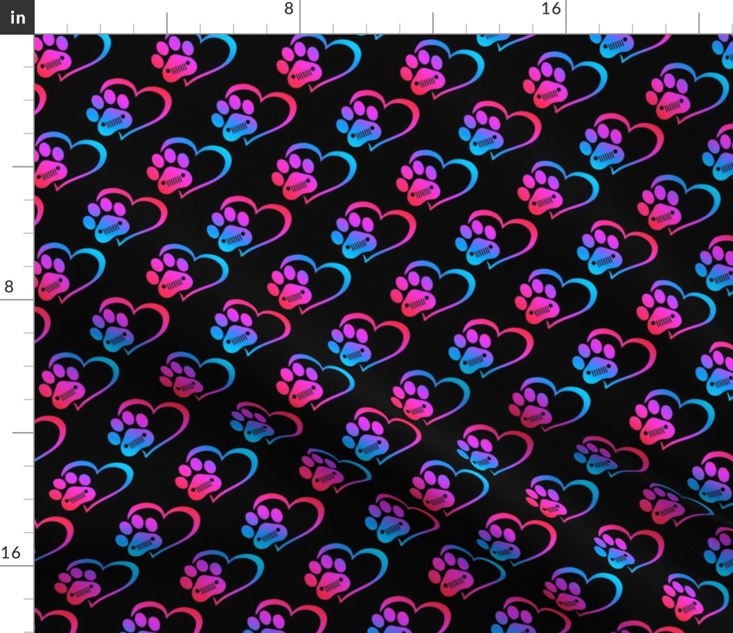 Bigger Jeep Dog Paw Prints and Hearts Red Pink Purple and Blue on Black