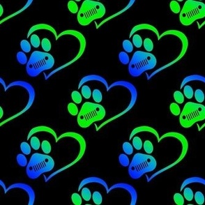 Bigger Jeep Dog Paw Prints and Hearts Blue and Green on Black