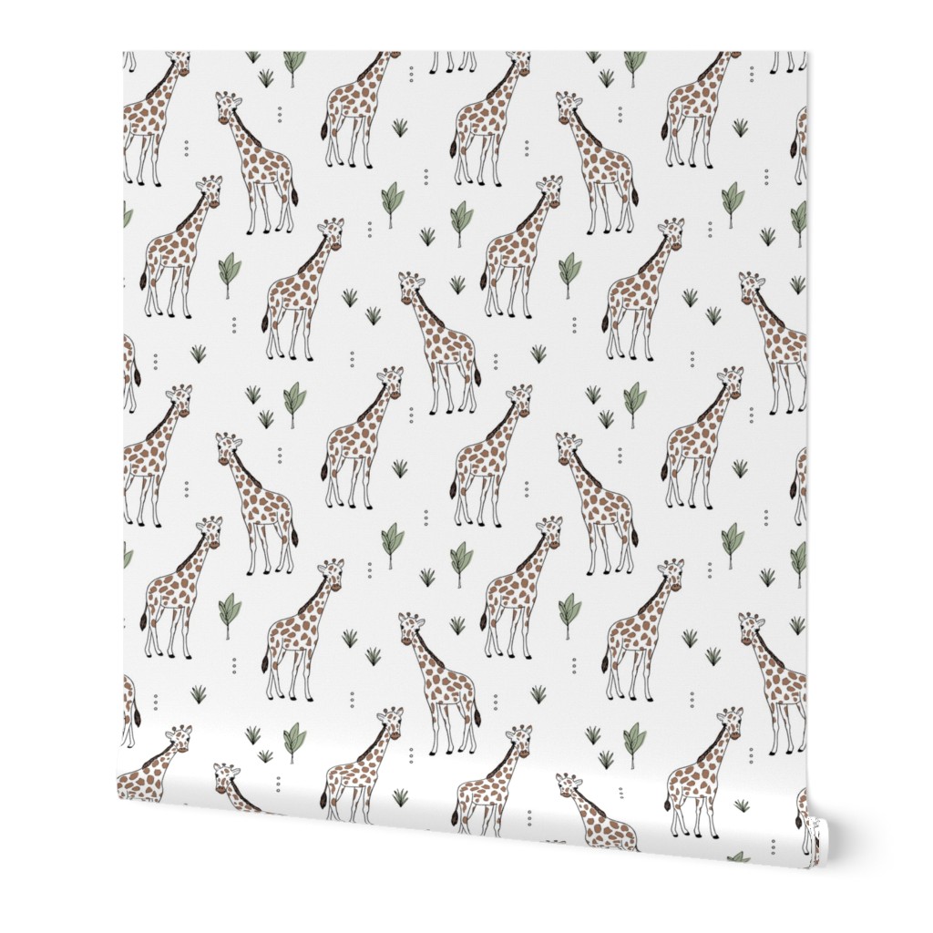 Little giraffe and leaves minimalist style illustration wild life green brown on white