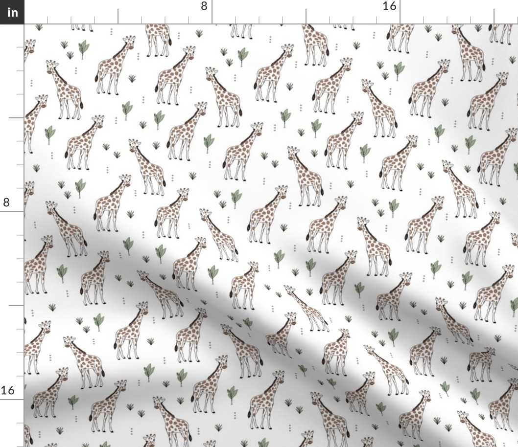 Little giraffe and leaves minimalist style illustration wild life green brown on white
