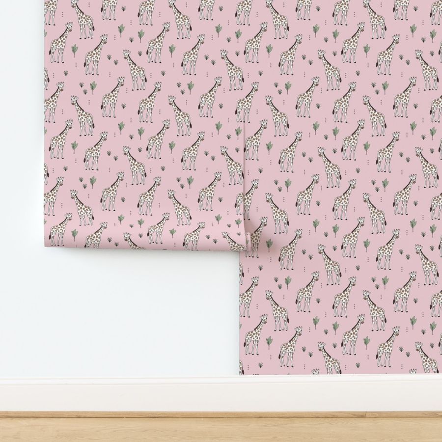 Little giraffe and leaves minimalist style illustration wild life green brown on pink