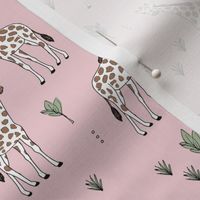 Little giraffe and leaves minimalist style illustration wild life green brown on pink