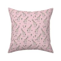 Little giraffe and leaves minimalist style illustration wild life green brown on pink