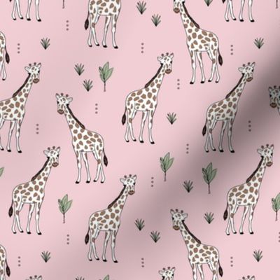 Little giraffe and leaves minimalist style illustration wild life green brown on pink