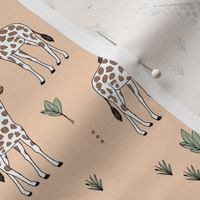 Little giraffe and leaves minimalist style illustration wild life green brown on peach blush