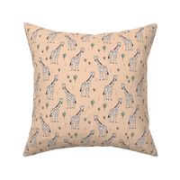 Little giraffe and leaves minimalist style illustration wild life green brown on peach blush