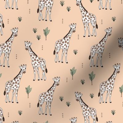 Little giraffe and leaves minimalist style illustration wild life green brown on peach blush