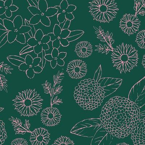 Little sketched wild flowers outline garden boho daffodil daisies and hydrangea flowers and leaves spring nursery forest green pink