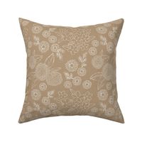 Little sketched wild flowers outline garden boho daffodil daisies and hydrangea flowers and leaves spring nursery caramel latte brown