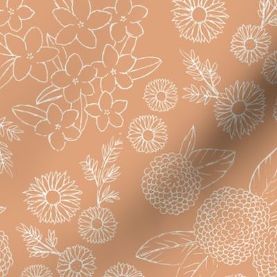 Little sketched wild flowers outline garden boho daffodil daisies and hydrangea flowers and leaves spring nursery orange blush