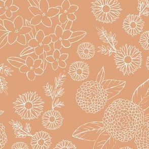 Little sketched wild flowers outline garden boho daffodil daisies and hydrangea flowers and leaves spring nursery orange blush