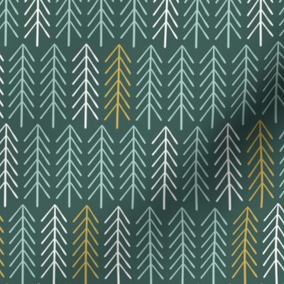 Minimalistic Christmas trees on dark green. Scandinavian forest