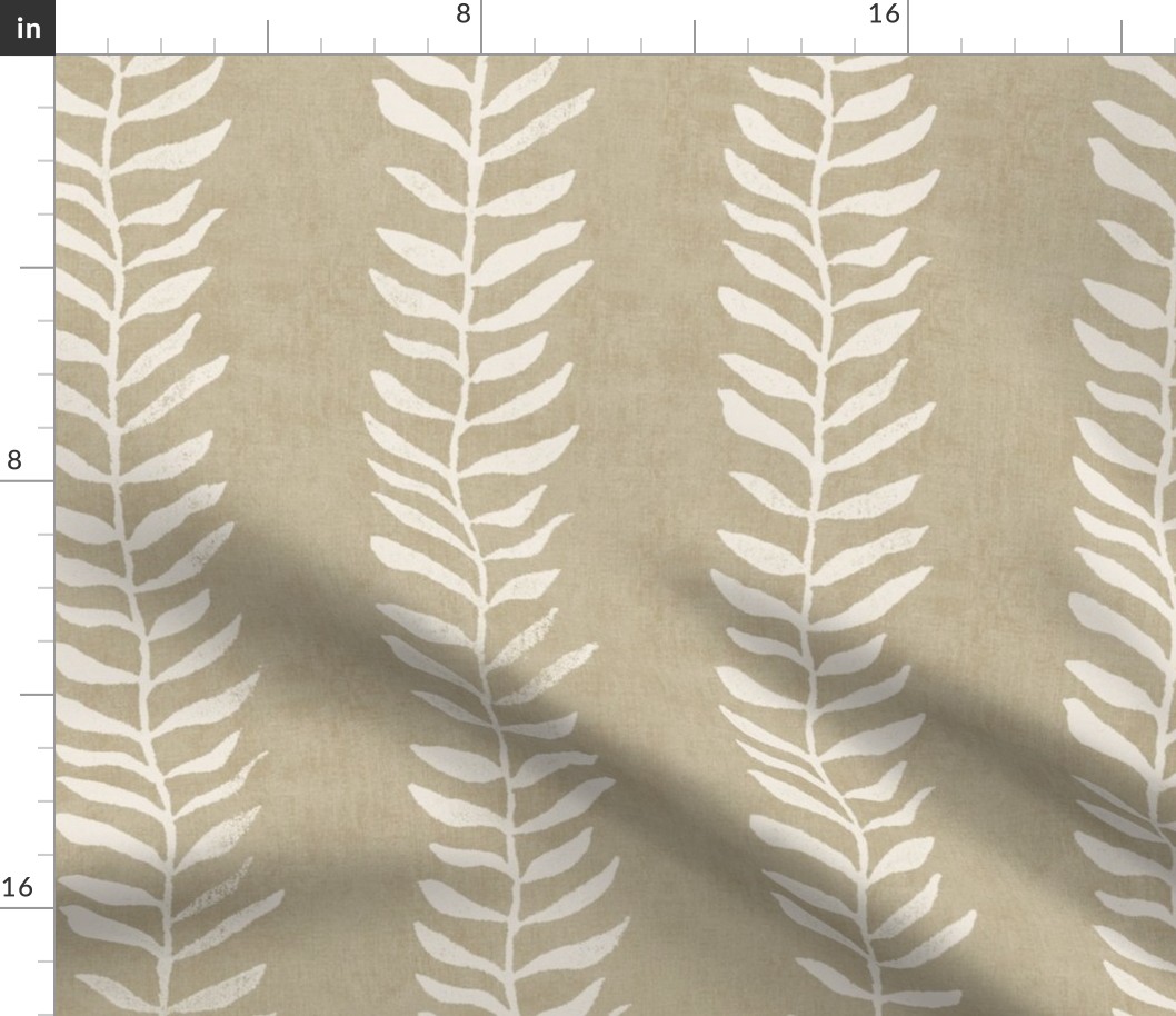 Botanical Block Print, Vanilla on Bronze Gold (xxl scale) | Leaf pattern fabric from original block print, neutral decor, plant fabric, tan fabric, cream and taupe.