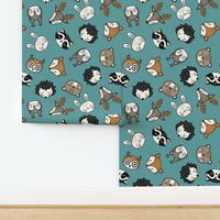 Cute Woodland Animal Heads / Teal Background / Micro Scale