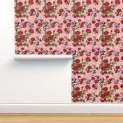 Cottage Rose, Red Flowers on Peachy Pink Star Background
