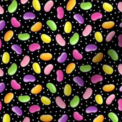 Colorful Jellybeans on Black with White Polka Dots