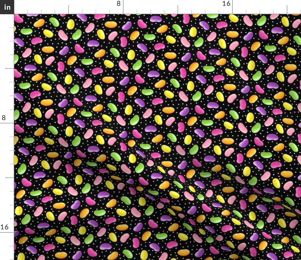 Colorful Jellybeans on Black with White Polka Dots